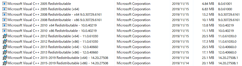 Microsoft Visual C++ 2005/2008/2010/2012/2013/2015-2019 Redistributable (x64|x86)
