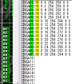#BMP10 を参照する、15 行分の #BGA 命令群と、